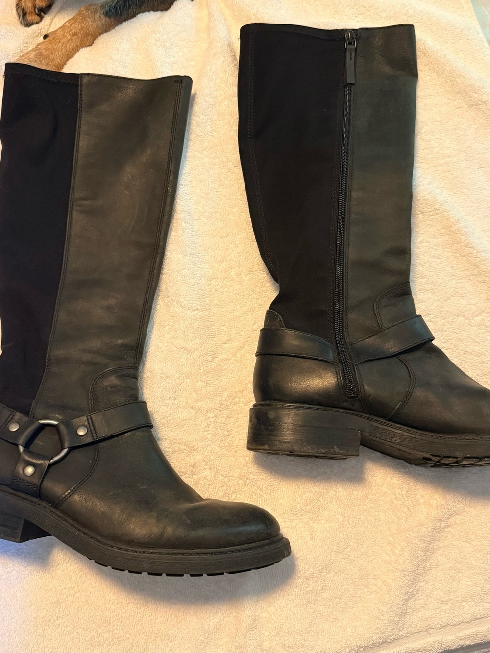 Nine West Black Leather Knee-High Riding Boots with Harness Accent